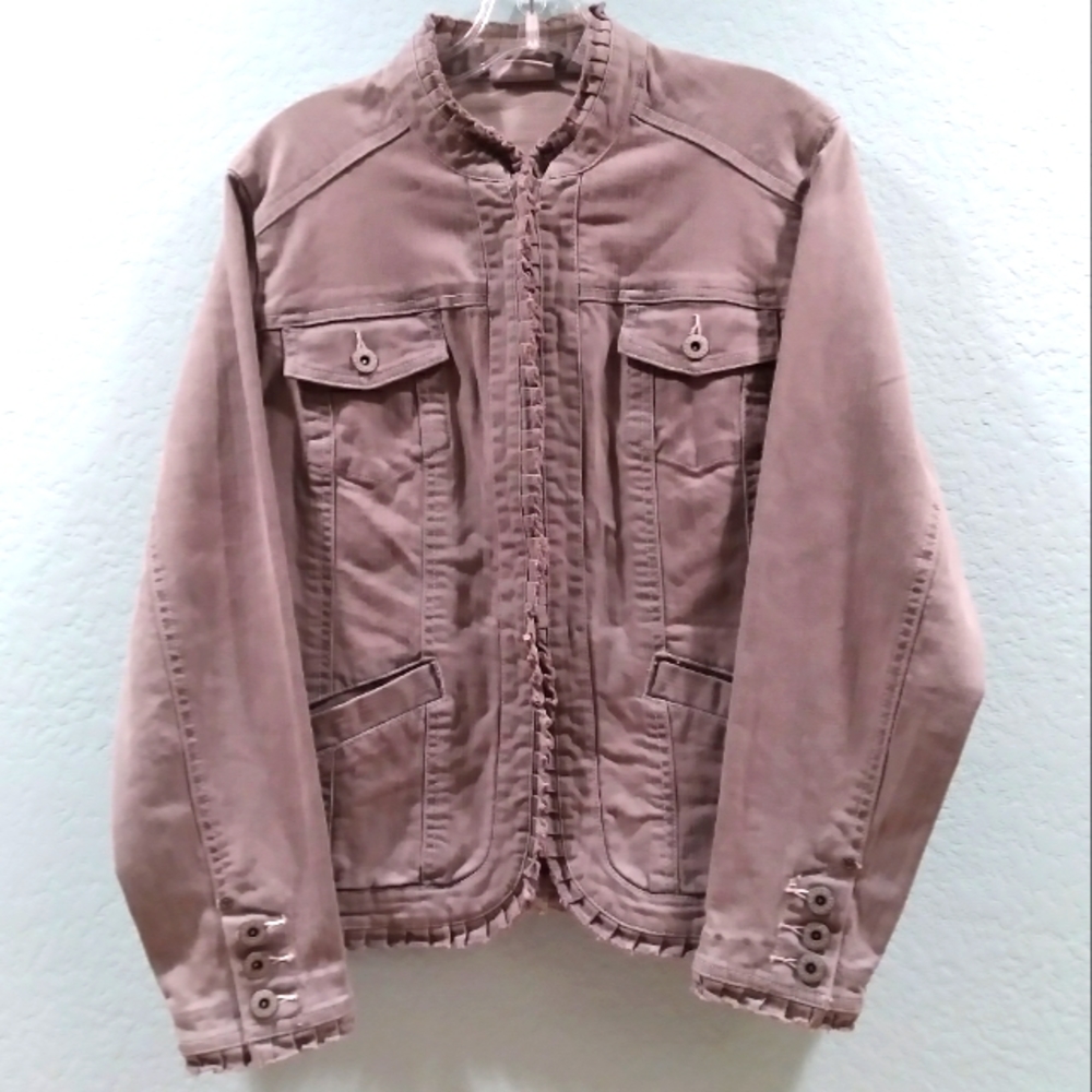 Chico's Platinum Ruffel Trim Gray Denim Jacket Hook Eye Chest And Hand Pockets